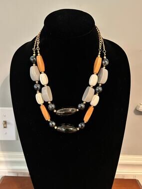 Boho Chunky Beaded Statement Necklace & Pierced Earring Set Black White Grey